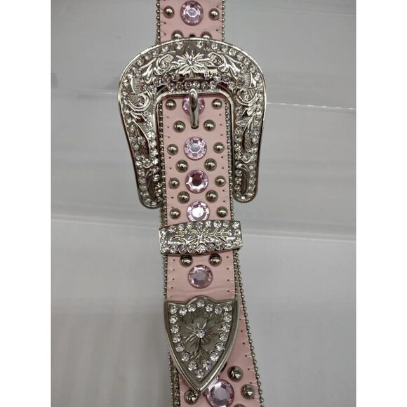 BHW XS LEATHER WESTERN COWGIRL BELT Rhinestones Rodeo Princess Bling Pink Silver - Picture 4 of 9